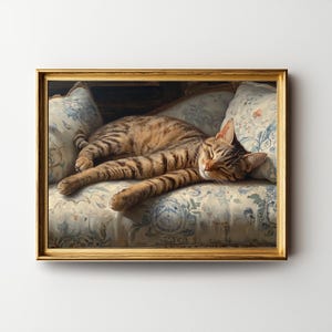 May include: A framed print of a sleeping tabby cat. The cat is lying on a floral patterned sofa, with its eyes closed and paws outstretched. The frame is gold-colored, and the artwork has a vintage aesthetic.