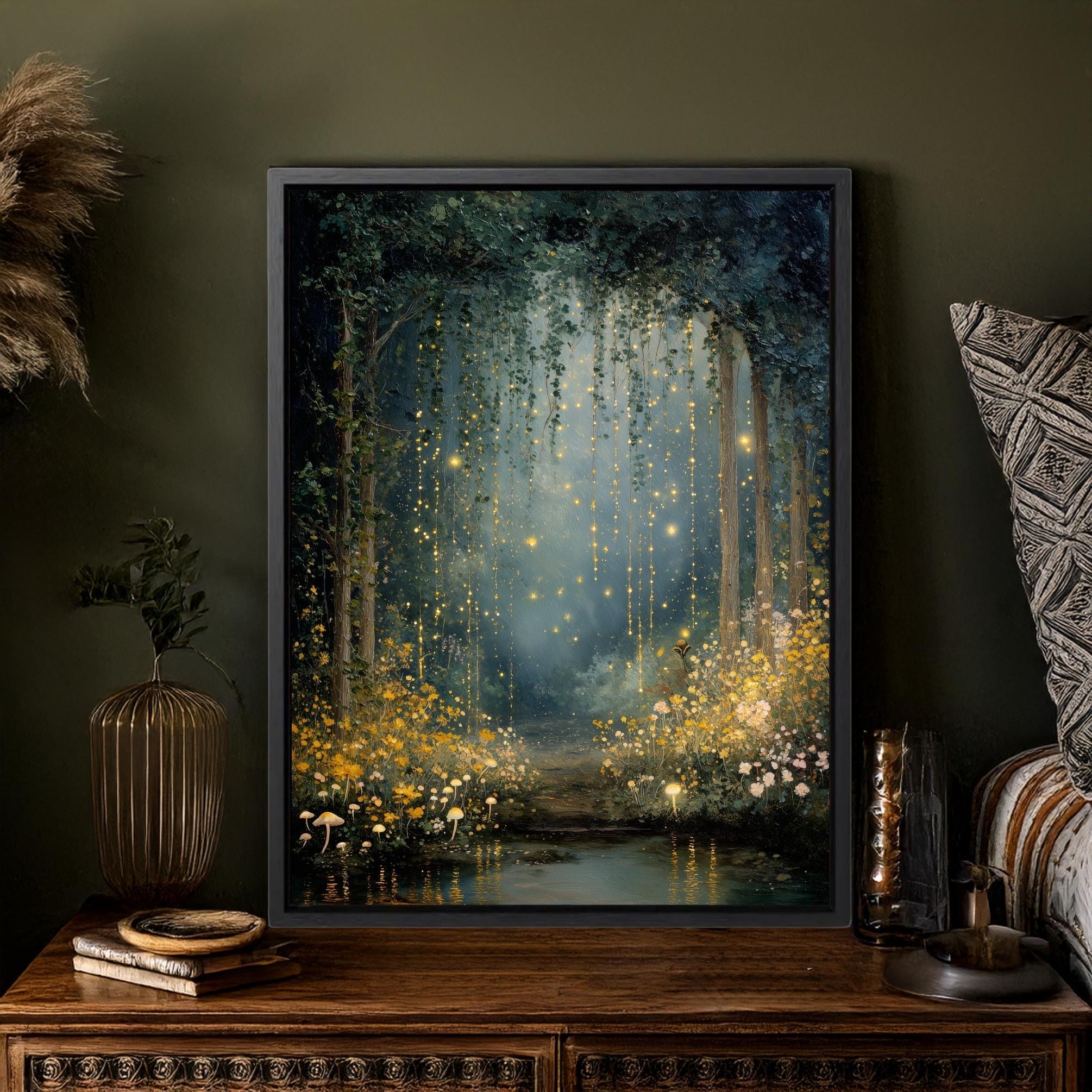 Enchanted Forest Art Print, Firefly Night Painting, Mystical Woodland ...