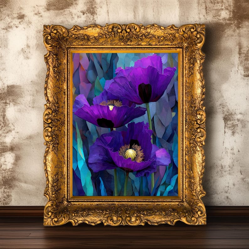 May include: A framed floral art print featuring three vibrant purple poppies with black centers and yellow stamens. The flowers are set against a blue and teal background. The ornate gold frame adds a touch of elegance to the botanical artwork.