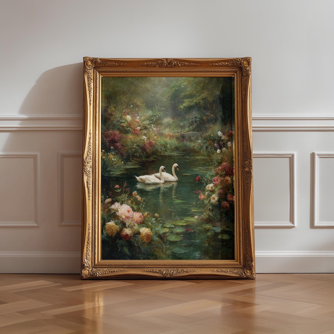 Engween Art Romantic Swan Couple Art Print, Cottagecore Lake Painting, Vintage ...