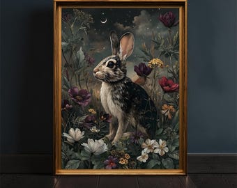 Moonlit Rabbit Art Print: Whimsical Bunny in Wildflowers