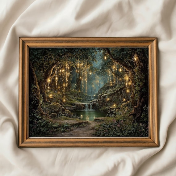 Enchanted Forest Waterfall Art Print, Magical Fairy Lights Woodland Wall Art, Mystical Nature Landscape, Fantasy Forest Home Decor