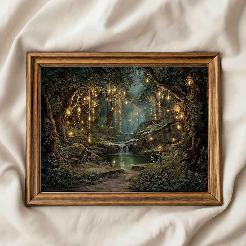 May include: A framed print depicting a serene forest scene. The artwork features a small waterfall, a pond, and a path leading into the distance. The forest is illuminated by hanging lights, creating a magical atmosphere. The frame is a warm brown color.