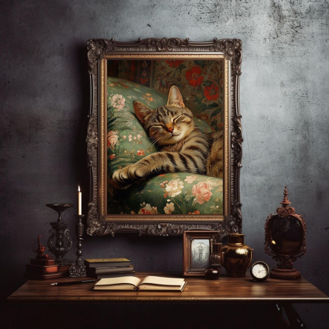 Cozy Brown Tabby Sleeping Cat Art Print, Vintage Floral Wall Art ...