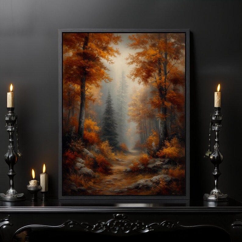 Moody Autumn Forest Path Wall Art Print – Mystical Woodland Nature ...