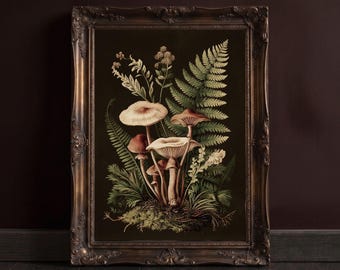 Vintage Mushroom Fern Print: Botanical Cottagecore Wall Art
