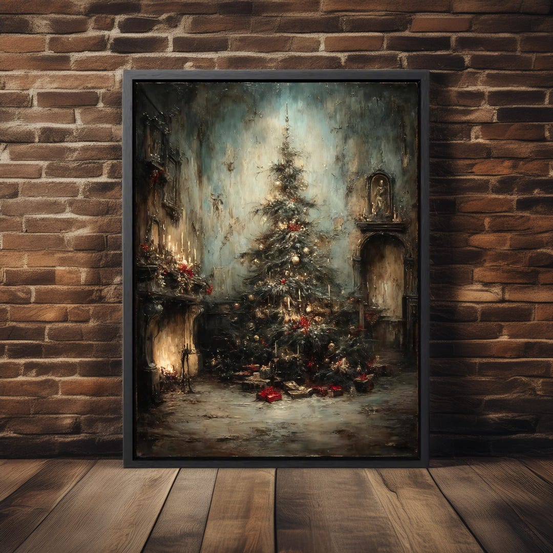 Victorian Christmas Tree Art Print, Dark Moody Holiday Wall Art