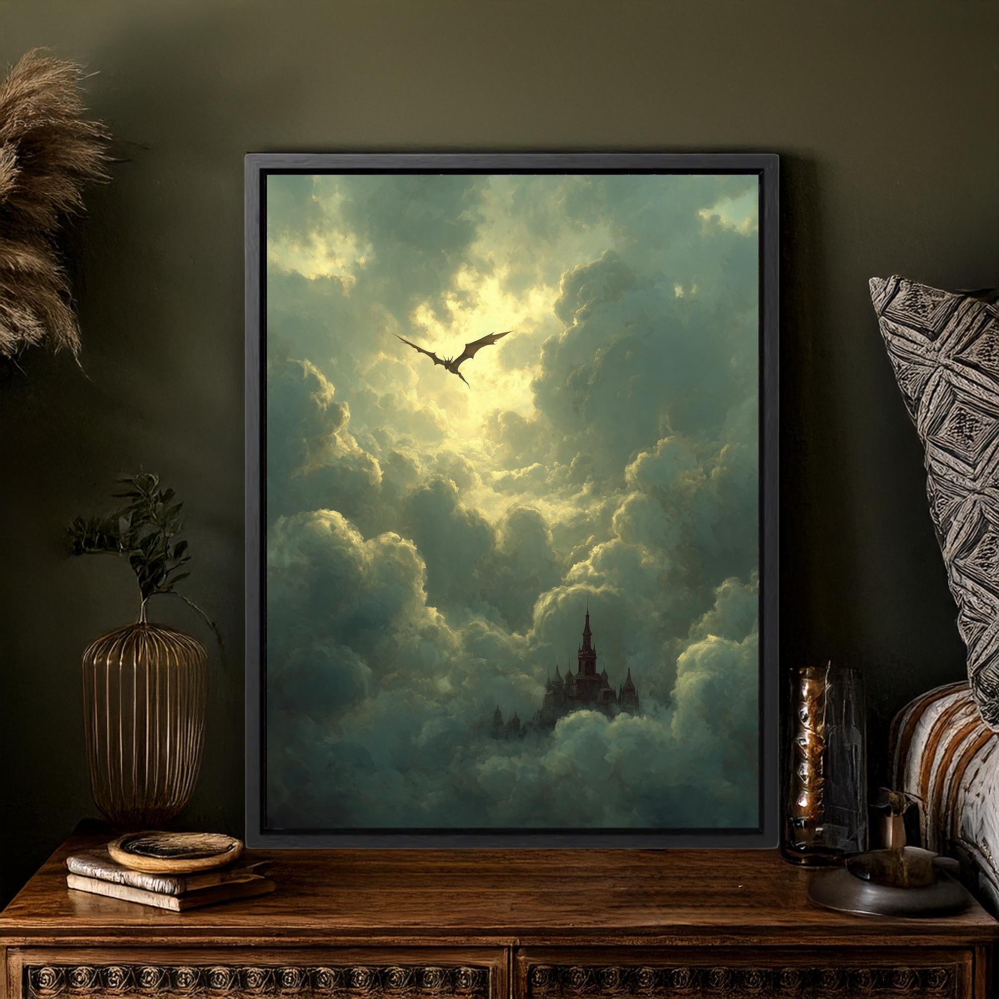 Dragon Over Castle Fantasy Art Print, Epic Sky Clouds Wall Art, Dark ...