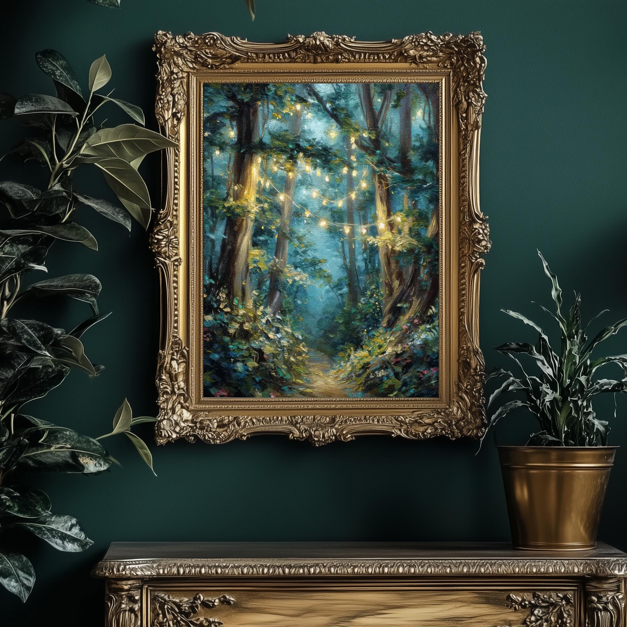 Enchanted Forest Path Art Print, Fairy Lights Woodland Wall Art ...