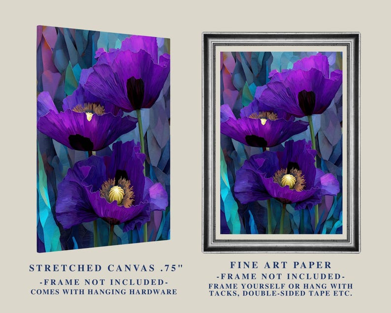 May include: Two floral art prints featuring vibrant purple poppies with yellow centers against a teal and blue background. One is a stretched canvas, the other is fine art paper. Both are unframed.