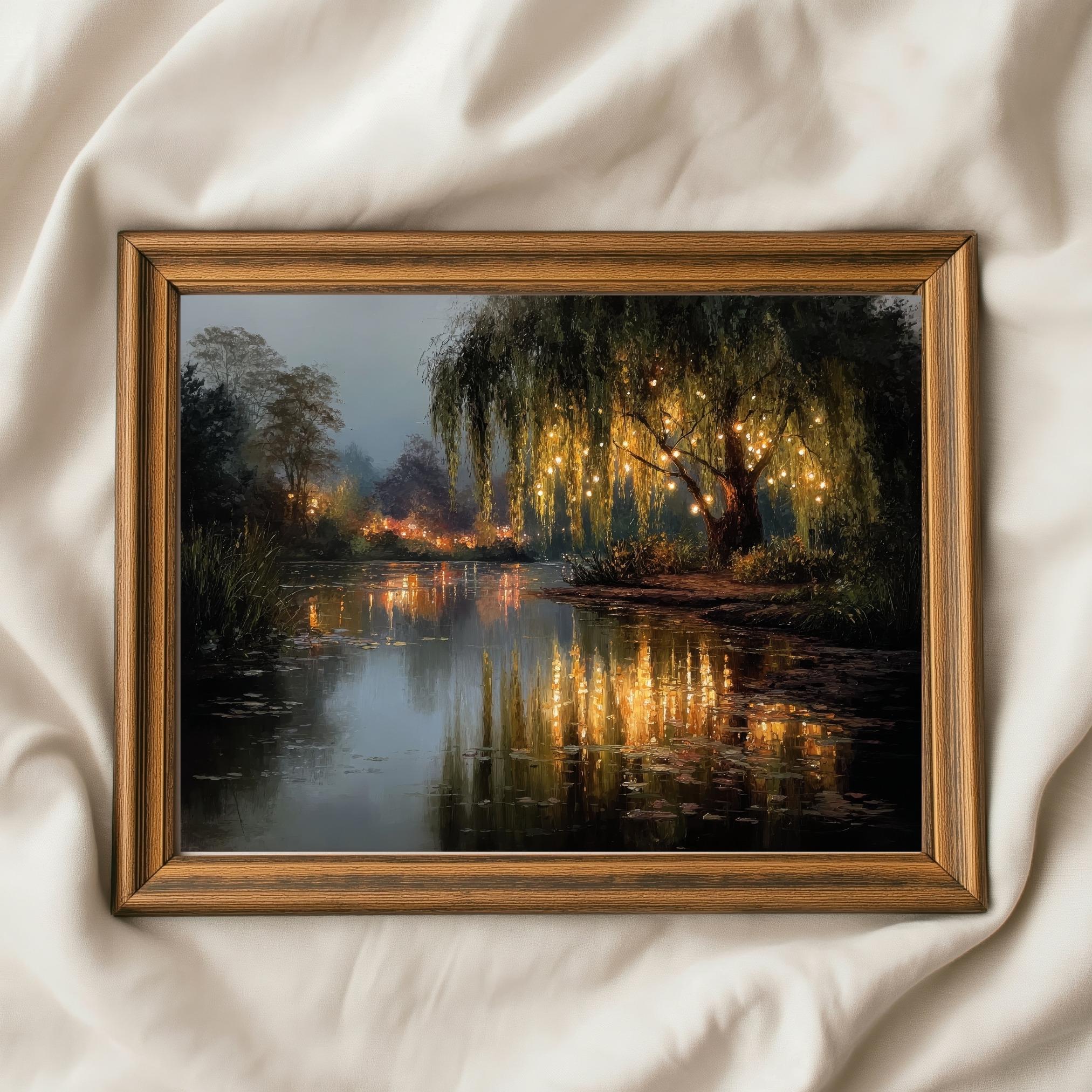 Magical Willow Tree Fairy Lights Art Print, Enchanted Lake Reflection ...