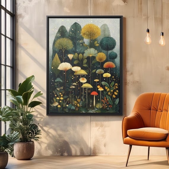 Whimsical Forest Mushroom Art Print – Enchanted Woodland Canvas, Fairycore Botanical Wall Decor, Mystical Nature Fantasy Poster