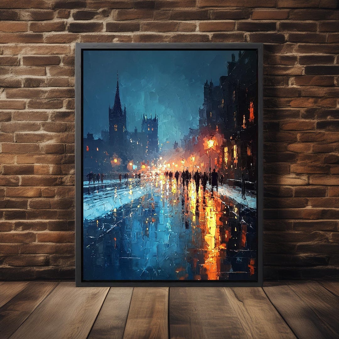 Rainy City Night Art Print, Moody Urban Street Painting, Blue and Gold ...