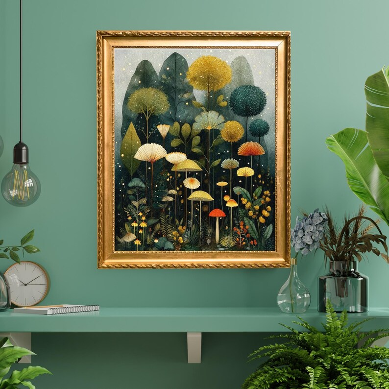 May include: A framed art print depicting a fantastical forest with vibrant mushrooms, flowers, and trees in green, yellow, and orange hues. The artwork is set against a dark backdrop and enclosed in a gold ornate frame.