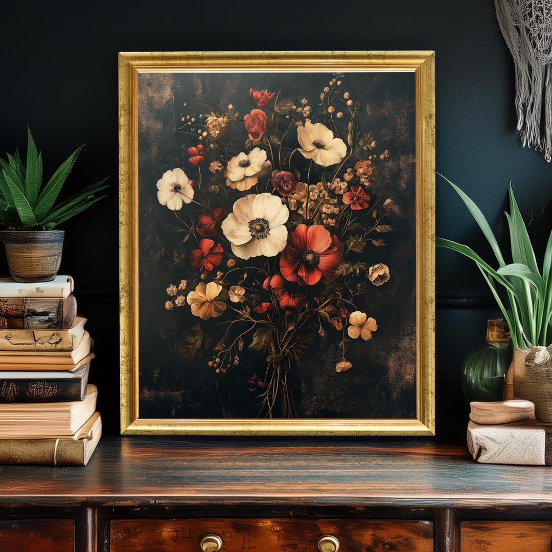 Dark Floral Bouquet Art Print, Vintage Botanical Still Life, Moody ...