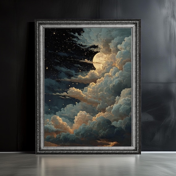 Moon and Clouds Art Print: Dreamy Celestial Night Sky