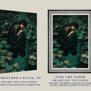 May include: A framed print and a stretched canvas print of a painting depicting a person in a dark green dress, seated in a pond with lily pads and white flowers. The canvas is .75 inches thick. The fine art paper print is framed.