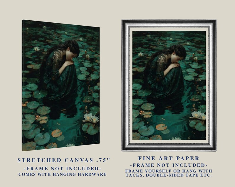 May include: A framed print and a stretched canvas print of a painting depicting a person in a dark green dress, seated in a pond with lily pads and white flowers. The canvas is .75 inches thick. The fine art paper print is framed.