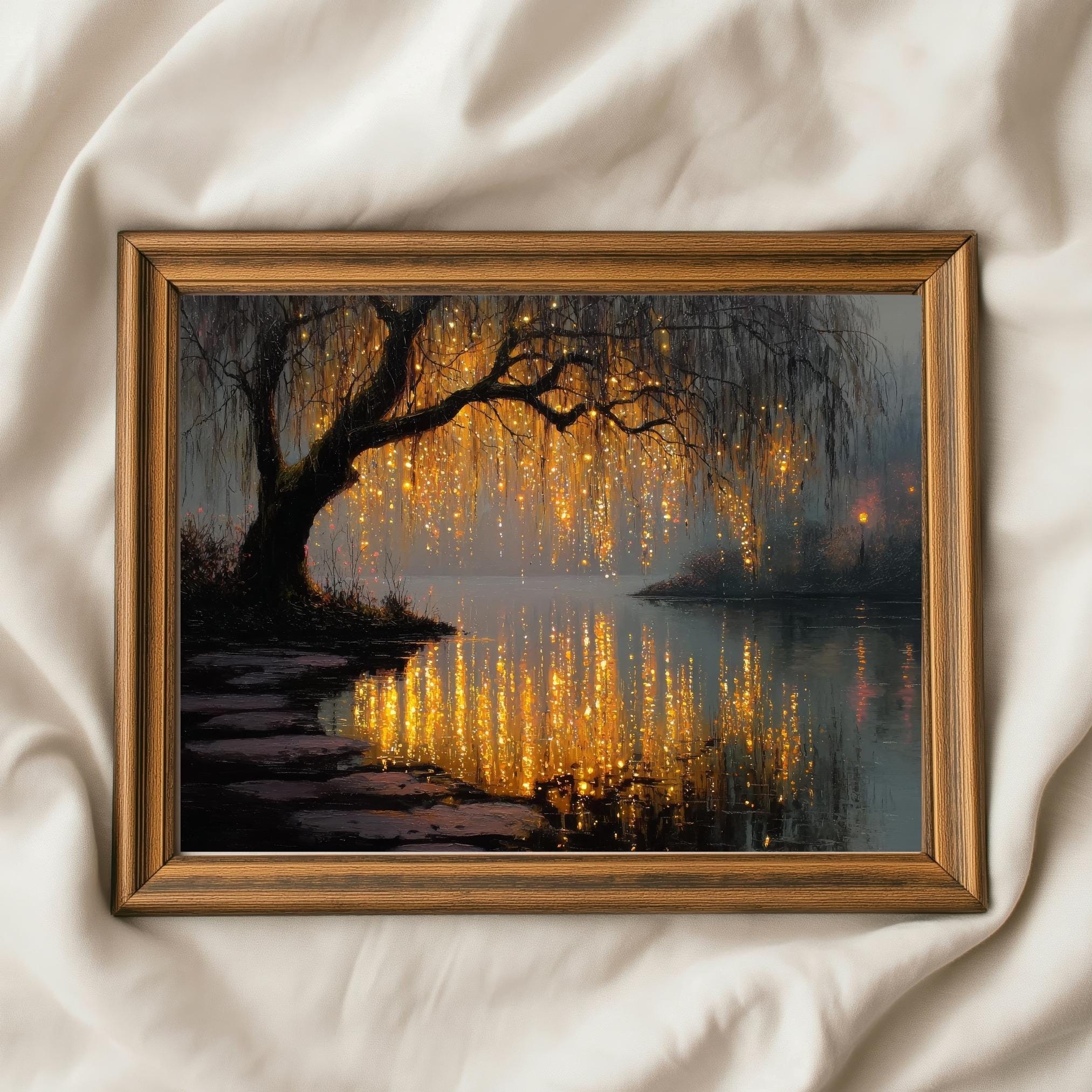 Enchanted Willow Tree Fairy Lights Art Print, Moody Magic Lake ...