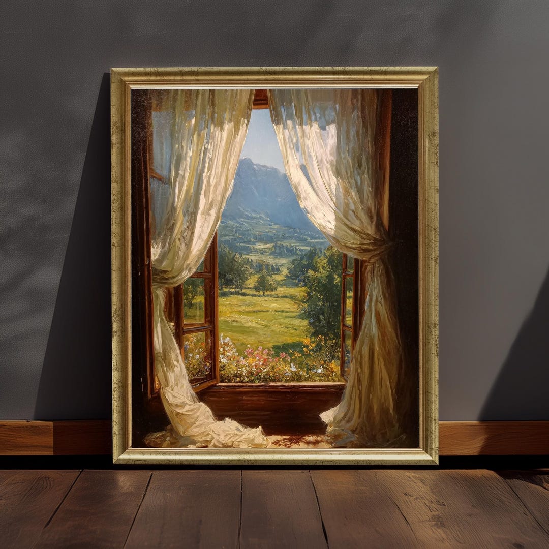 Rustic Cottage Window View Art Print, Country Wildflowers Valley Wall ...