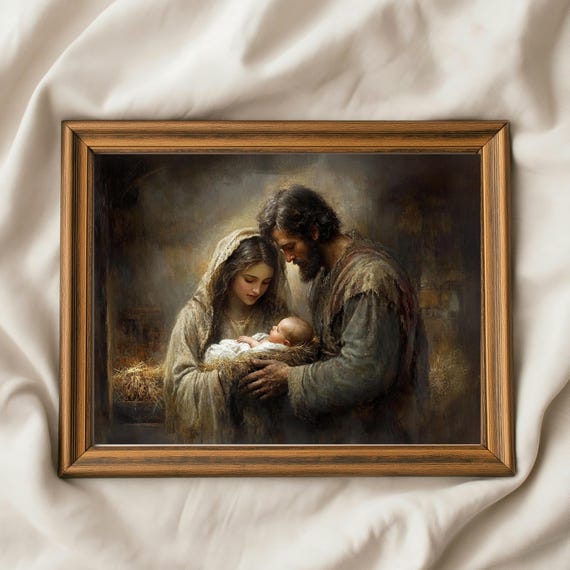 Holy Family Nativity Art Print, Vintage Christmas Religious Wall Decor, Mary, Joseph and Baby Jesus Painting, Sacred Christian Home Decor