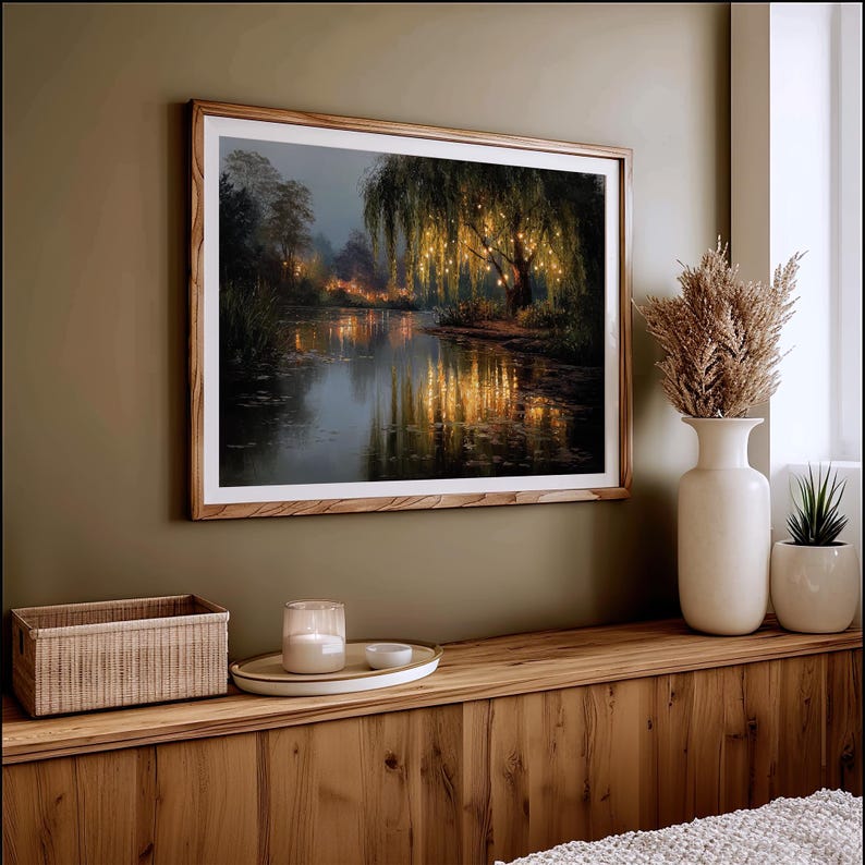 Magical Willow Tree Fairy Lights Art Print, Enchanted Lake Reflection ...
