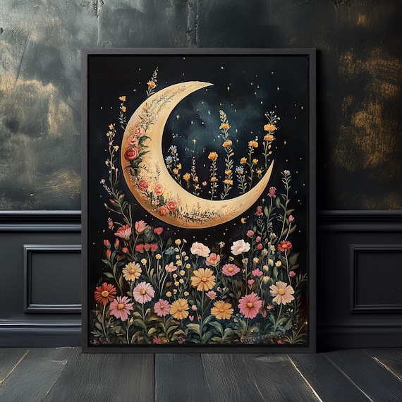 Floral Crescent Moon Print: Celestial Garden Art, Botanical