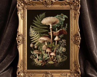 May include: A rectangular wall art print featuring a botanical illustration of various mushrooms and fern leaves on a dark background, encased in an ornate, vintage-style gold frame with intricate floral and scrollwork relief detailing.