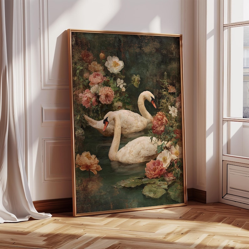 Engween Art Romantic Swan Couple Art Print, Cottagecore Lake Painting, Vintage ...