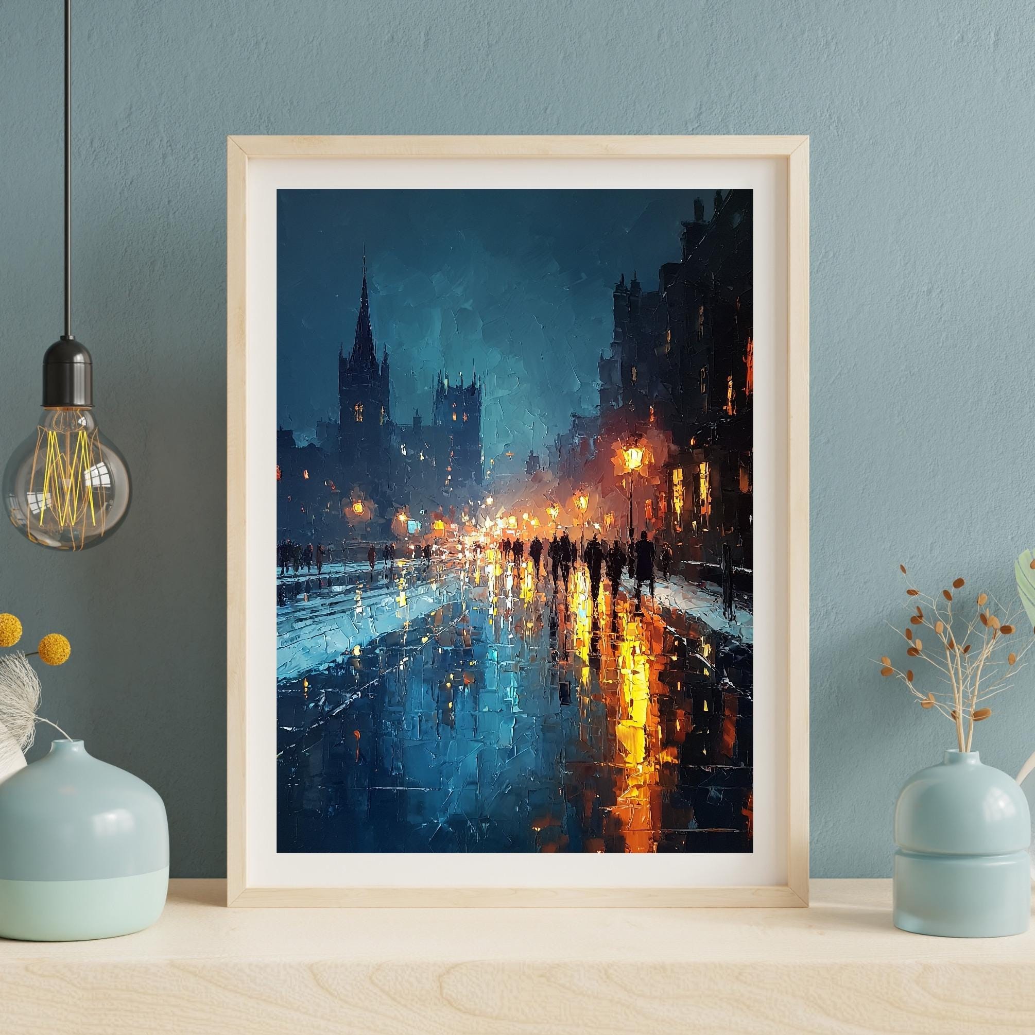 Rainy City Night Art Print, Moody Urban Street Painting, Blue and Gold ...