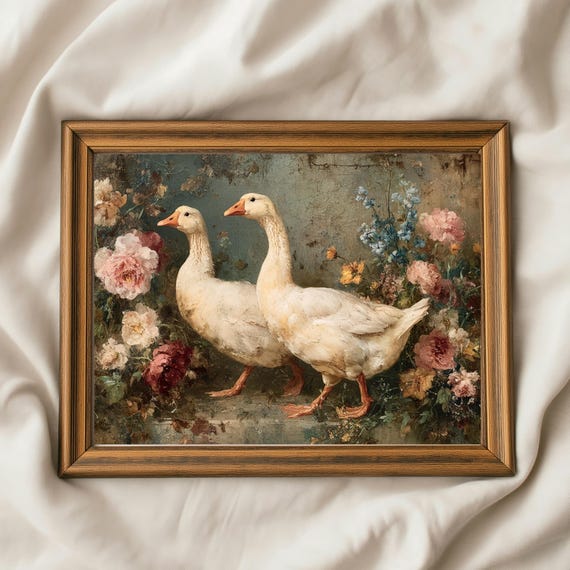 Vintage Style Goose Wall Art Print, Cottagecore Farmhouse Floral Painting, Antique Look Botanical Rustic Country Garden Kitchen Artwork