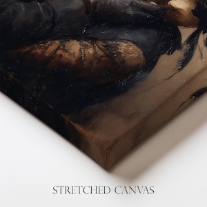 May include: A corner view of a stretched canvas print. The artwork features dark, blended colors with visible brushstrokes. The canvas is wrapped around a wooden frame, with the words "STRETCHED CANVAS" printed at the bottom.