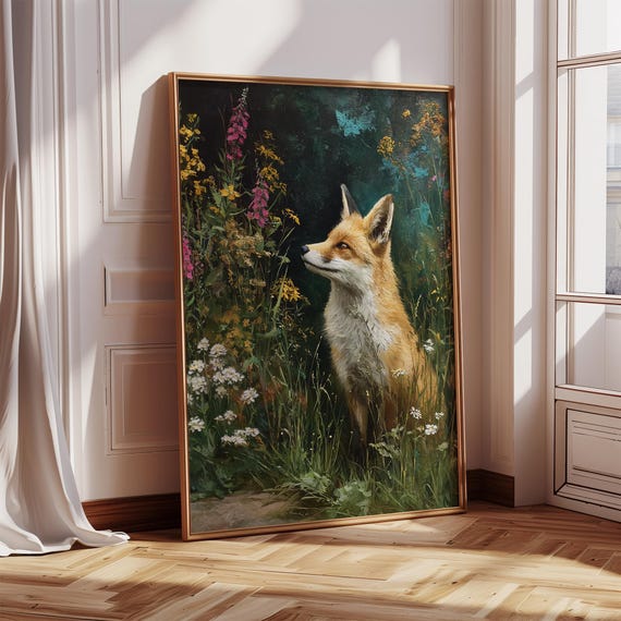 Red Fox in Wildflowers Art Print: Rustic Cottagecore Wall Decor - Etsy