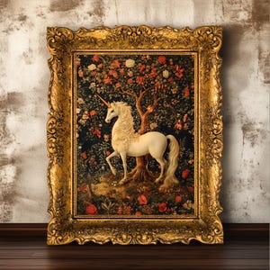 Medieval Unicorn Tapestry Art Print – Whimsical Mythical Creature Wall Decor, Cottagecore Fantasy Forest, Enchanted Floral Illustration