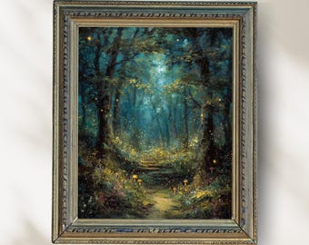 Enchanted Forest Art Print, Fairy Light Woodland Wall Art, Mystical Nature Dark Cottagecore Print, Magical Realm Painting