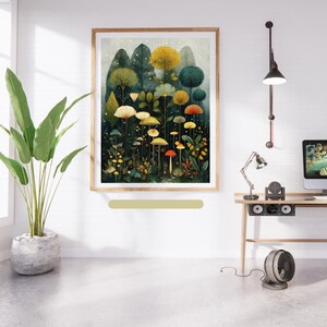 May include: A framed art print depicting a whimsical forest scene with colourful mushrooms and stylised trees in shades of green, yellow, and orange. The artwork is displayed in a light-coloured wooden frame.