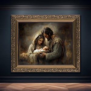 May include: A framed painting depicting a religious scene. The artwork features a man and woman gazing at a baby. The painting is in a gold ornate frame, with a dark background and wooden floor.
