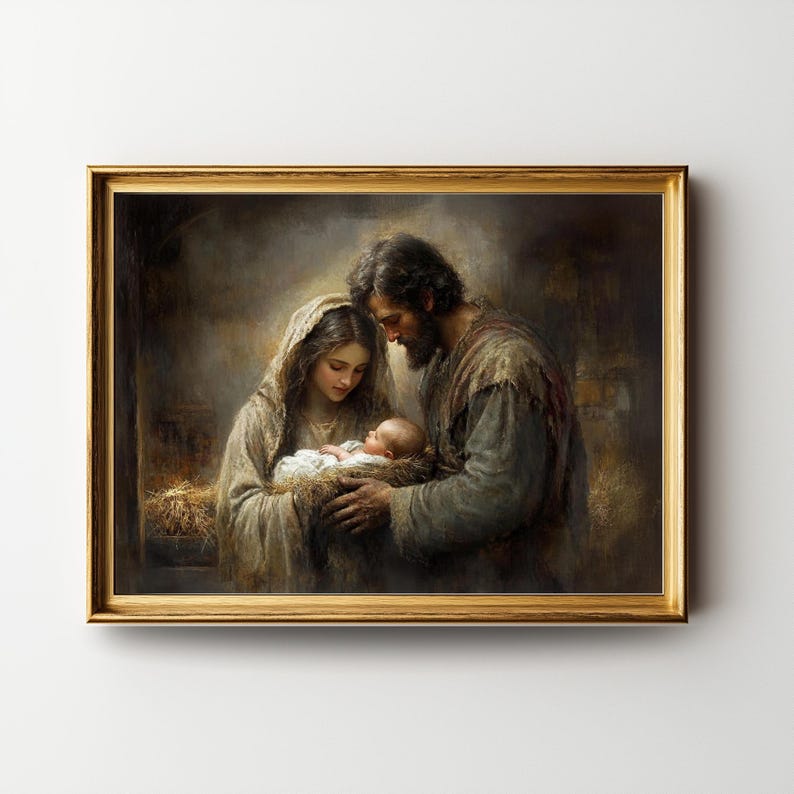 May include: A framed artwork depicts a tender scene of a family. A man and woman gaze at a baby nestled in a manger. The artwork is in a gold frame, with soft lighting and muted colors.