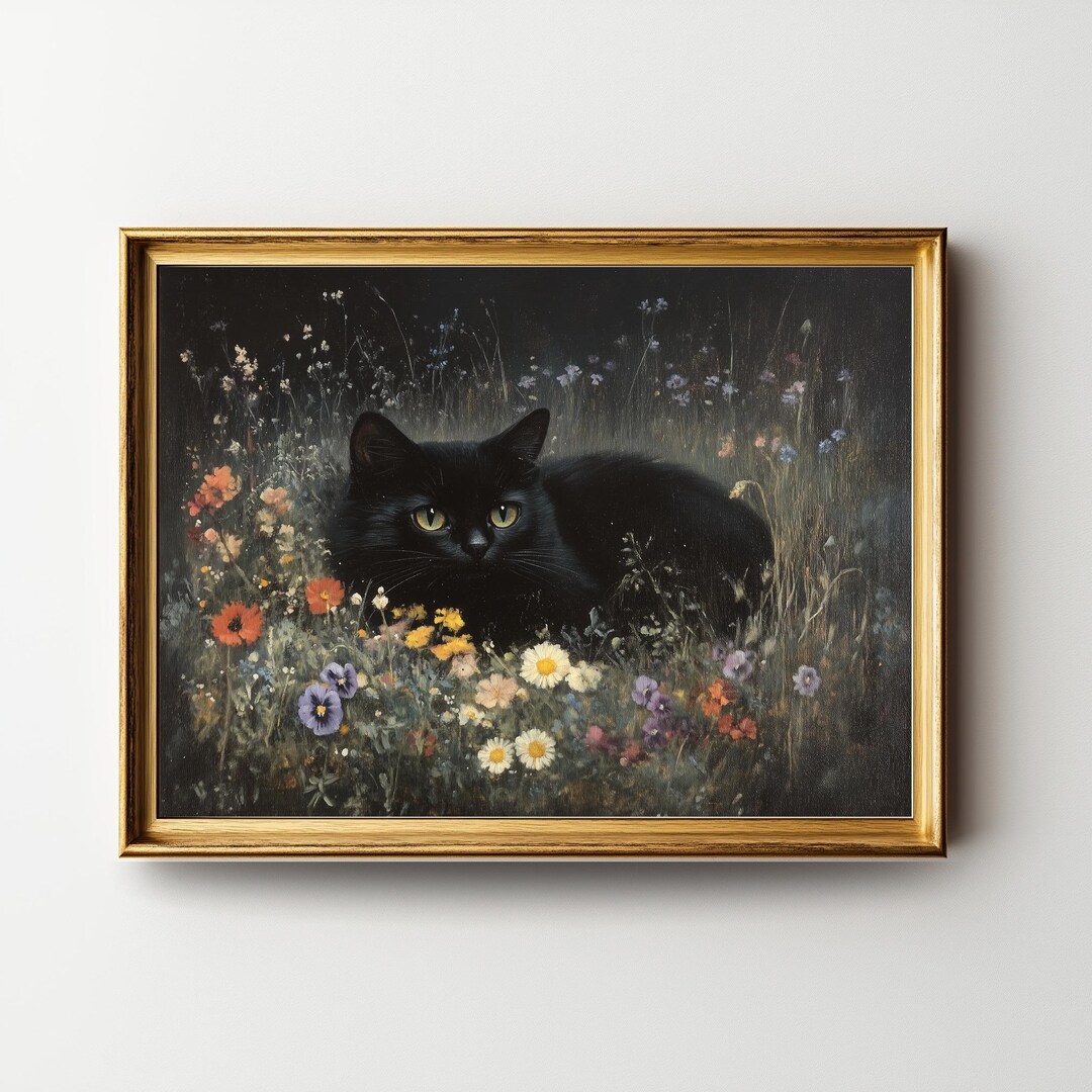 Black Kitten Floral Wall Art Print, Cute Cat Meadow Painting ...
