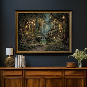 Impresión artística de cascada de bosque encantado, arte mural de bosque con luces de hadas mágicas, paisaje natural místico, decoración del hogar con bosque de fantasía imagen 4