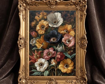 Op de afbeelding: Een rechthoekig wandkunstwerk met een boeket bloemen met menselijke ogen in het midden, gevat in een sierlijke, goudkleurige lijst met ingewikkelde krullen en bloemmotieven langs de randen, geplaatst tegen een donkere achtergrond.