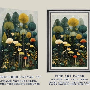 May include: Two art prints: one stretched canvas and one fine art paper. The artwork depicts a whimsical forest scene with stylized trees, mushrooms, and foliage in shades of green, yellow, and orange. The canvas is 1.9 cm thick.