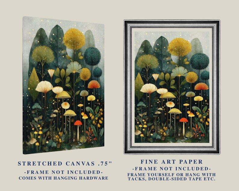 May include: Two art prints: one stretched canvas and one fine art paper. The artwork depicts a whimsical forest scene with stylized trees, mushrooms, and foliage in shades of green, yellow, and orange. The canvas is 1.9 cm thick.