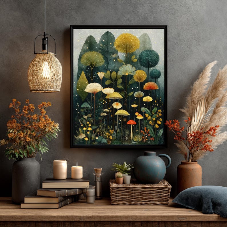 May include: A framed art print depicting a whimsical illustration of colourful mushrooms and foliage in a dark, moody forest setting. The artwork is displayed on a wooden surface with decorative vases, candles, and a woven lamp.