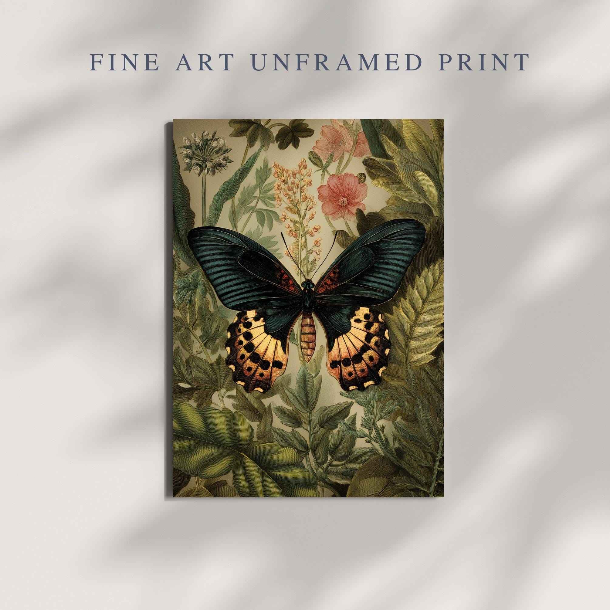 Vintage Butterfly Botanical Postcard Print, Dark Teal Butterfly Wall ...