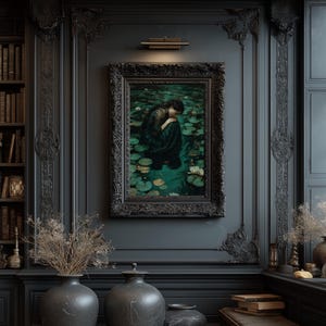 May include: A framed painting depicting a woman in a dark green dress seated among lily pads in a pond. The painting is in a black ornate frame, mounted on a dark gray wall. The room features dark decor, including vases and a bookshelf.