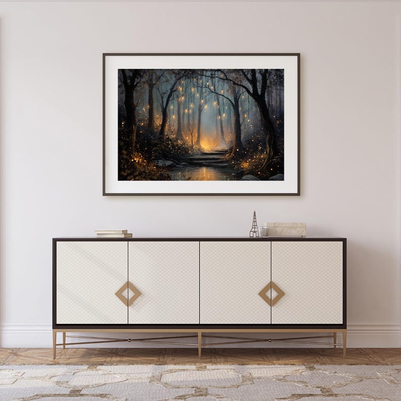Enchanted Forest Art Print, Glowing Woodland Path, Magical Night ...