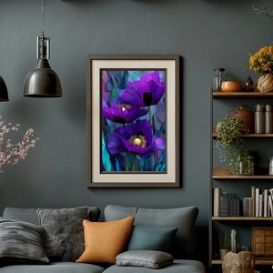 May include: A framed art print featuring a close-up of purple poppy flowers with yellow centers. The artwork has a dark background with blue and teal accents. The frame is a dark brown color.