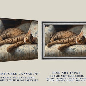 May include: A framed print and a stretched canvas print of a sleeping tabby cat on a floral patterned armchair. The cat has brown and black stripes. The canvas print is .75 inches thick. The fine art paper print is framed.