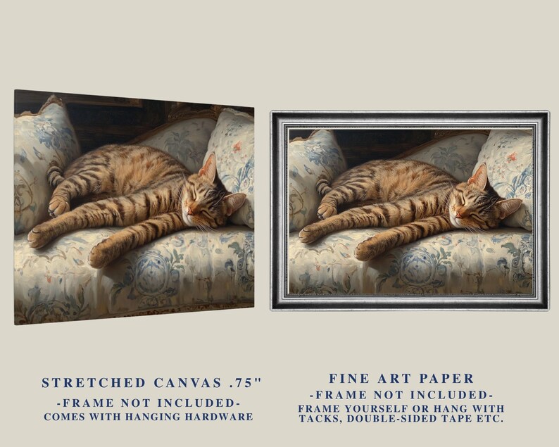 May include: A framed print and a stretched canvas print of a sleeping tabby cat on a floral patterned armchair. The cat has brown and black stripes. The canvas print is .75 inches thick. The fine art paper print is framed.